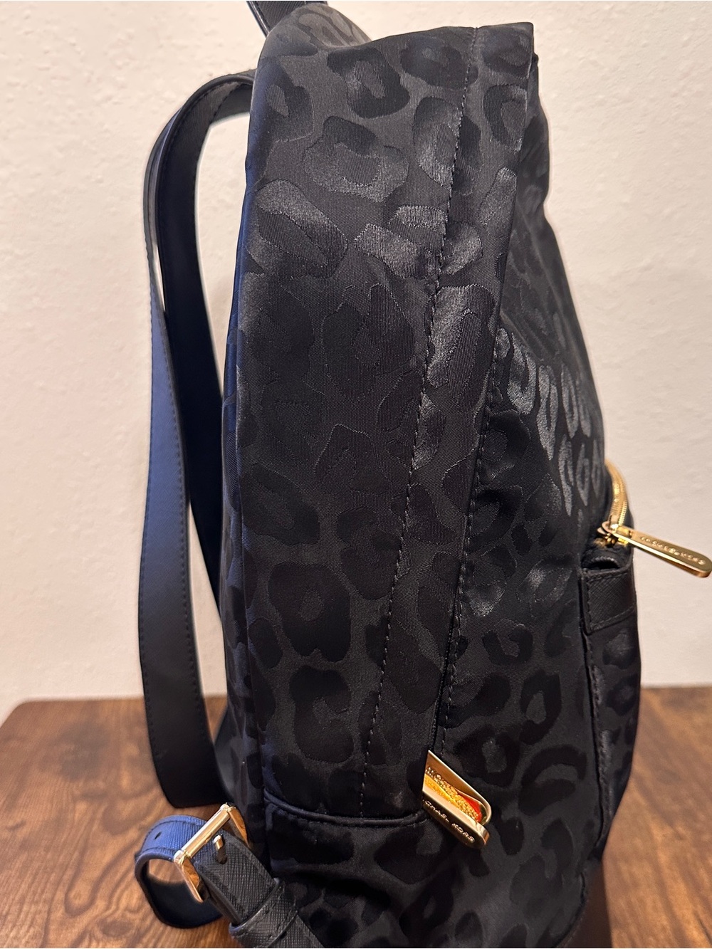 NWOT Michael Kors Black Leopard-Print Nylon Backpack with Gold Hardware - Picture 4 of 8